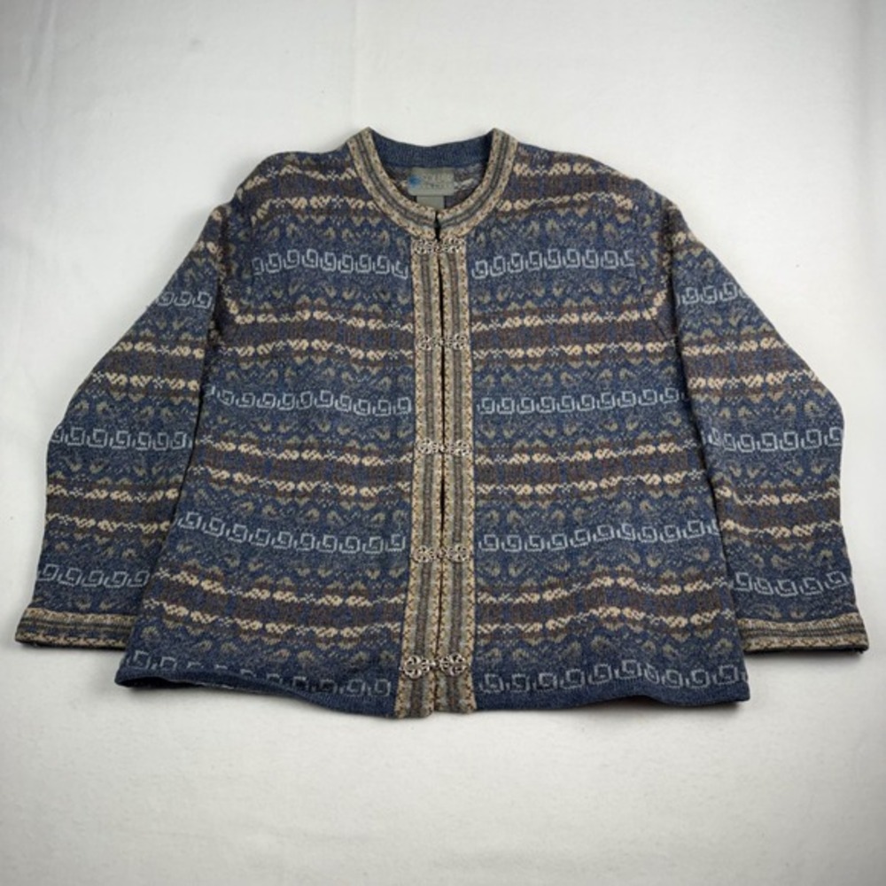 Squaw Valley Vintage 100% Wool Nordic Fair Isle Clasp Cardigan Blue Large